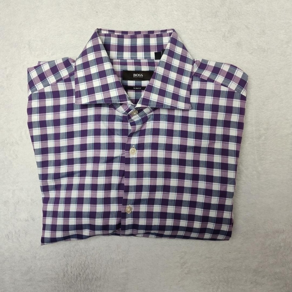 Hugo Boss Shirt Mens 16.5 34/35 Purple Check Slim Spread Collar Jaren Dress